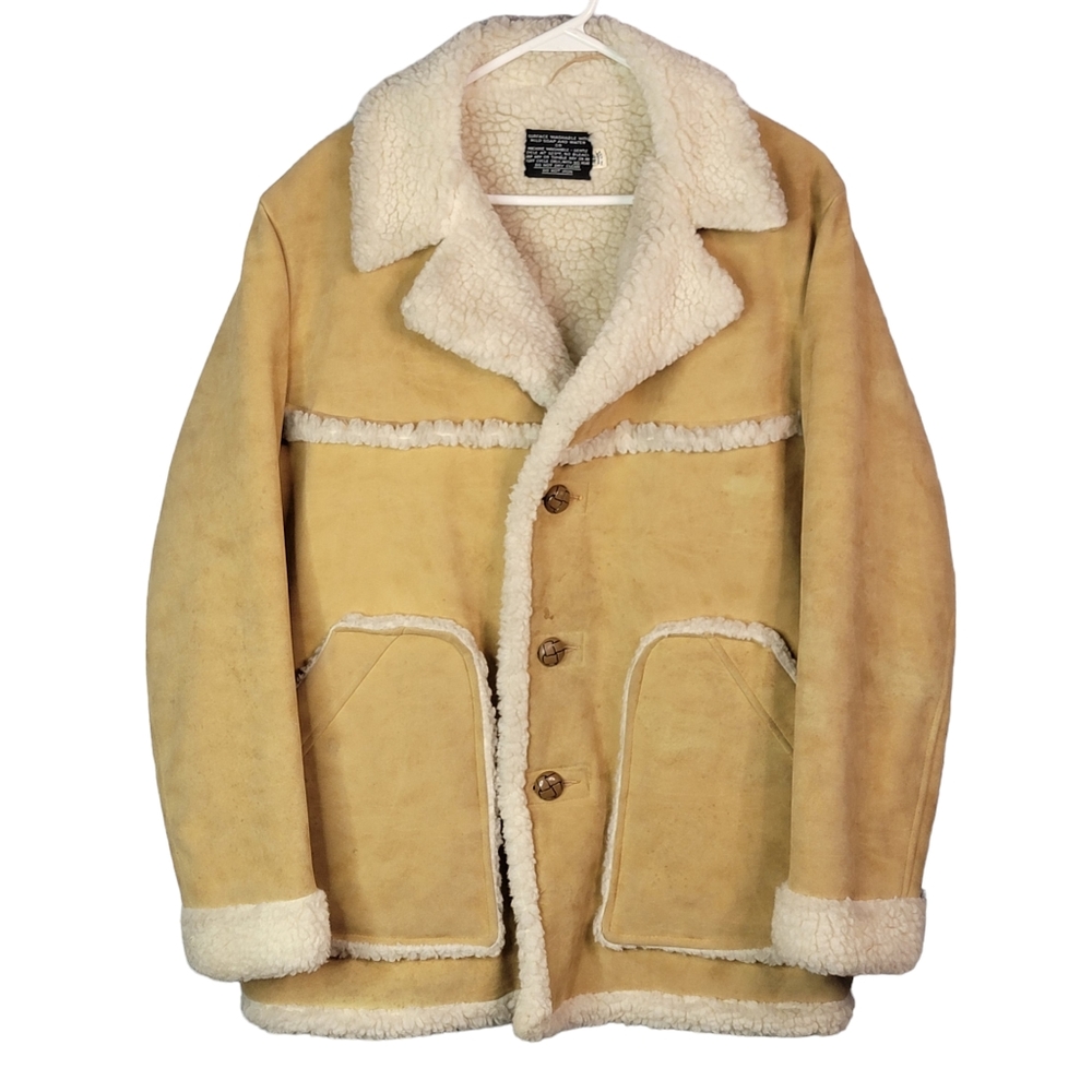 Suede Sherpa Lined Vintage 70's Heavy Winter Cold Weather Button Down Coat 40